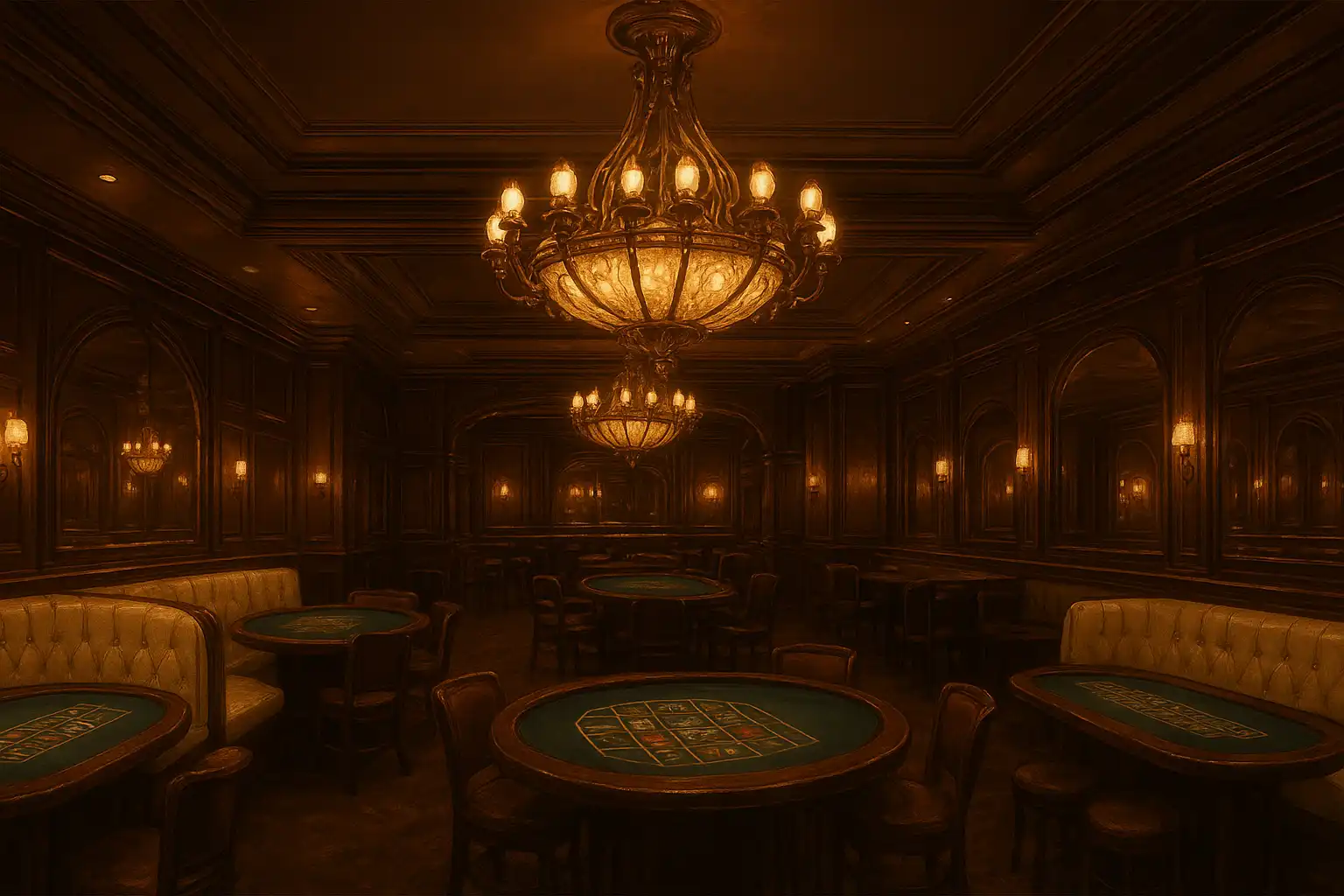 Vintage bronze and cream interior illustration of the DriftBet Casino club room
