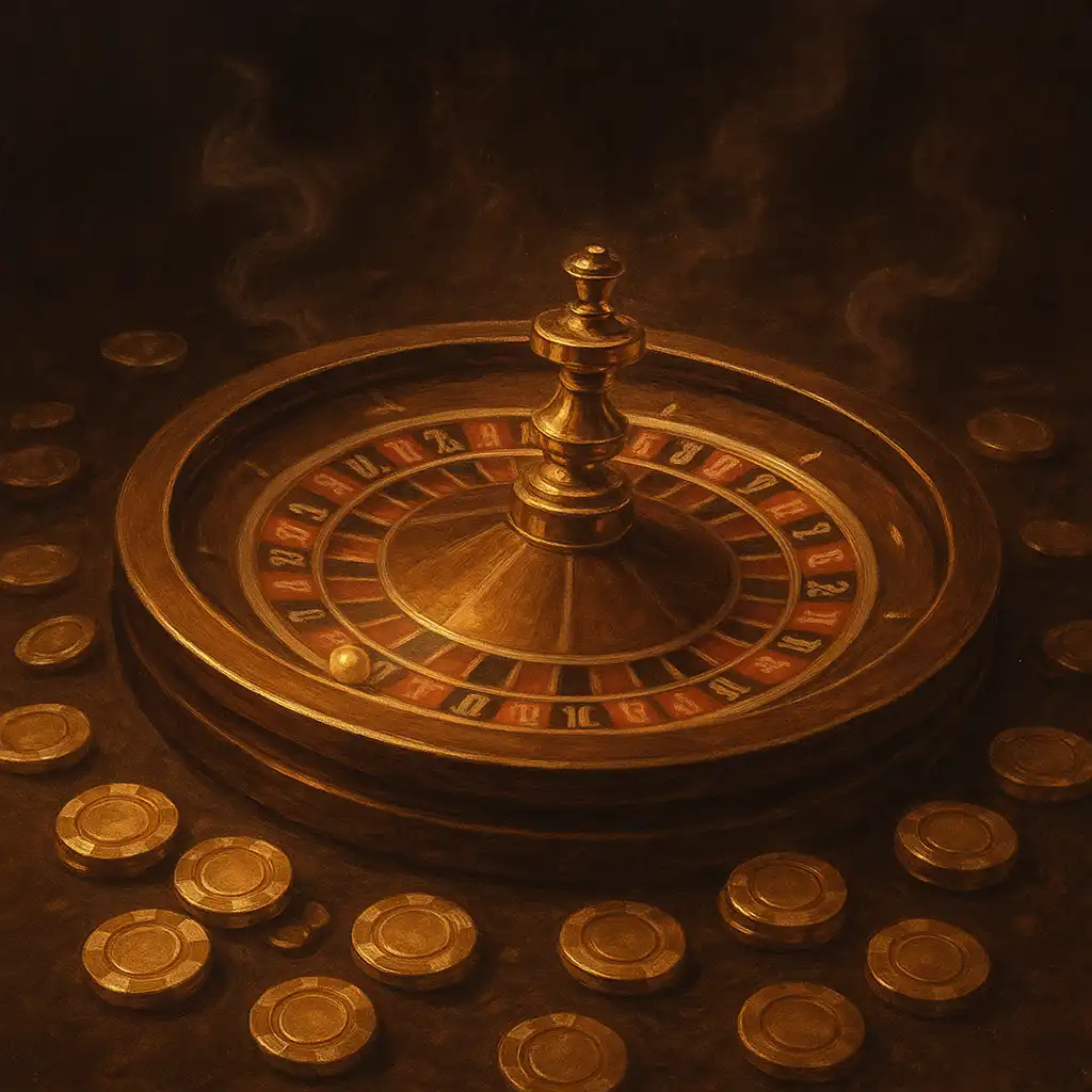 Illustrazione in stile club vintage di una roulette e fiches dorate su DriftBet Casino