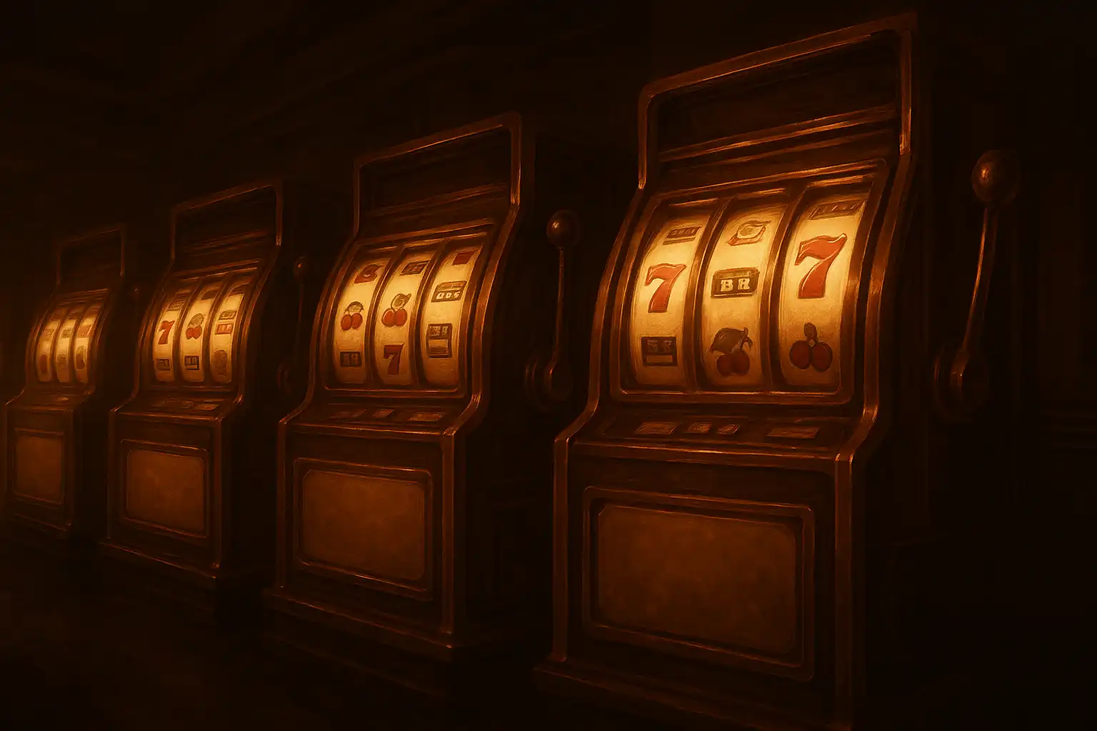 Illustration of a row of vintage slot machines glowing in bronze light at DriftBet Casino